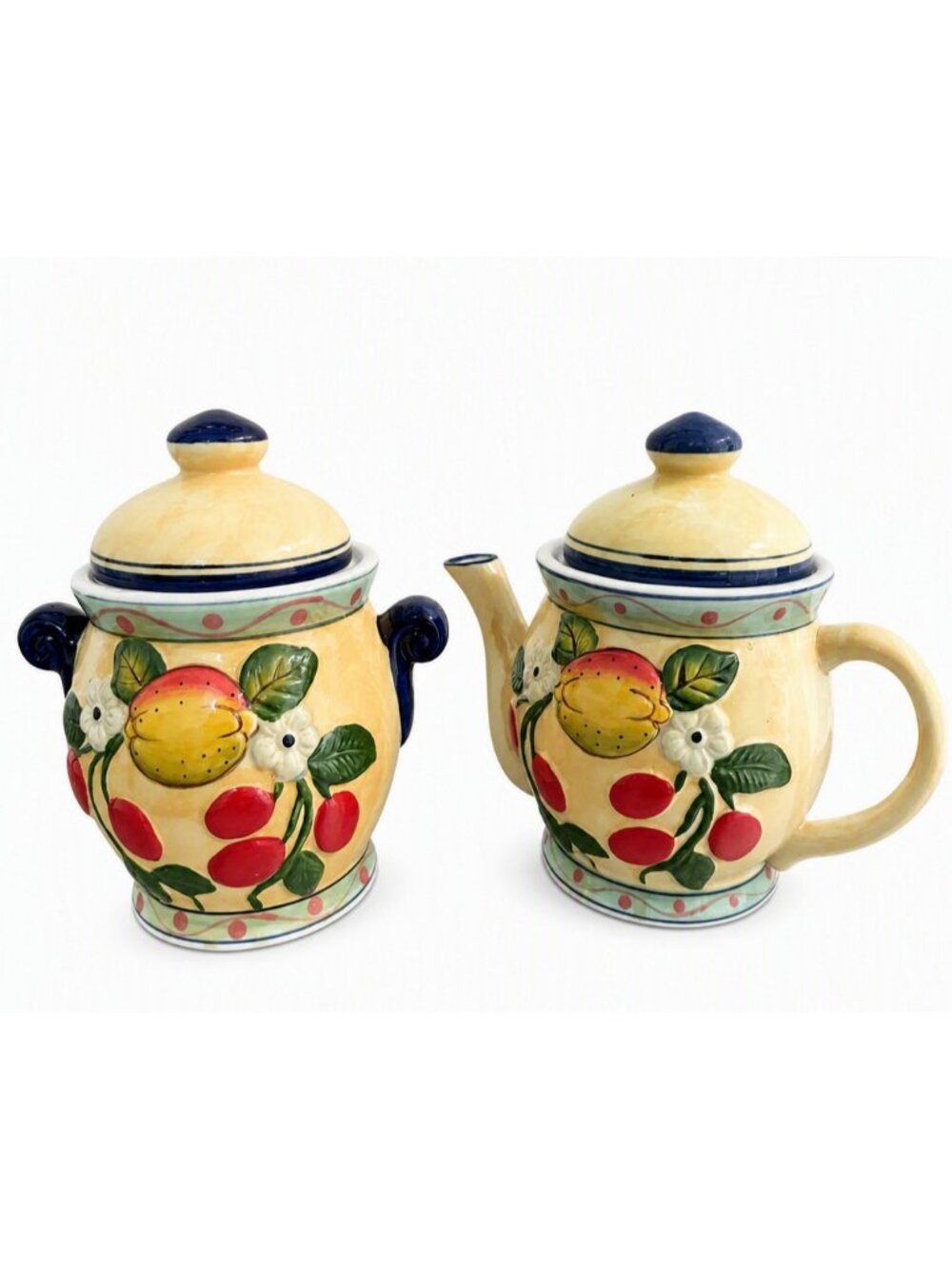 Vtg Panware Home Essentials Teapot & Sugar Bowl Lemon Cherry Fruit Kitchen Decor